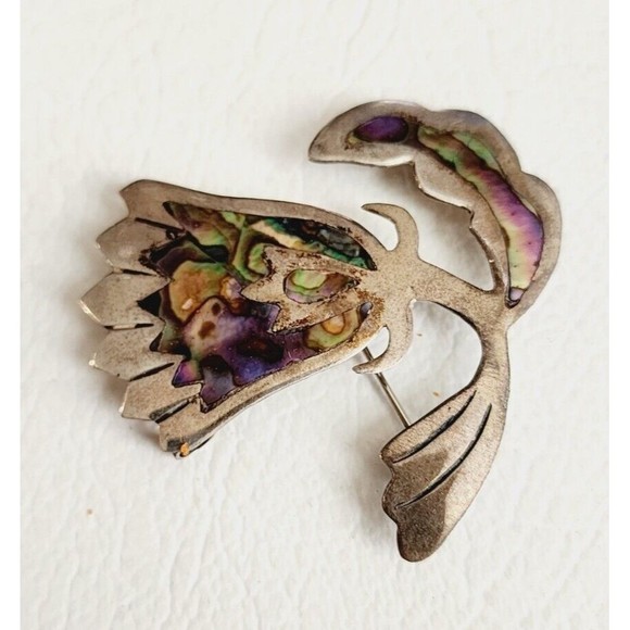 VINTAGE STERLING SILVER  ABALONE TULIP FLOWER PENDANT & BROOCH PIN 2"  7.89g - Picture 2 of 8